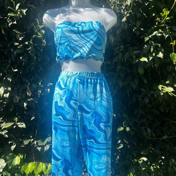 Shein Random Marble Print Tube Top & Slit Hem Leggings - Picture 1 of 3